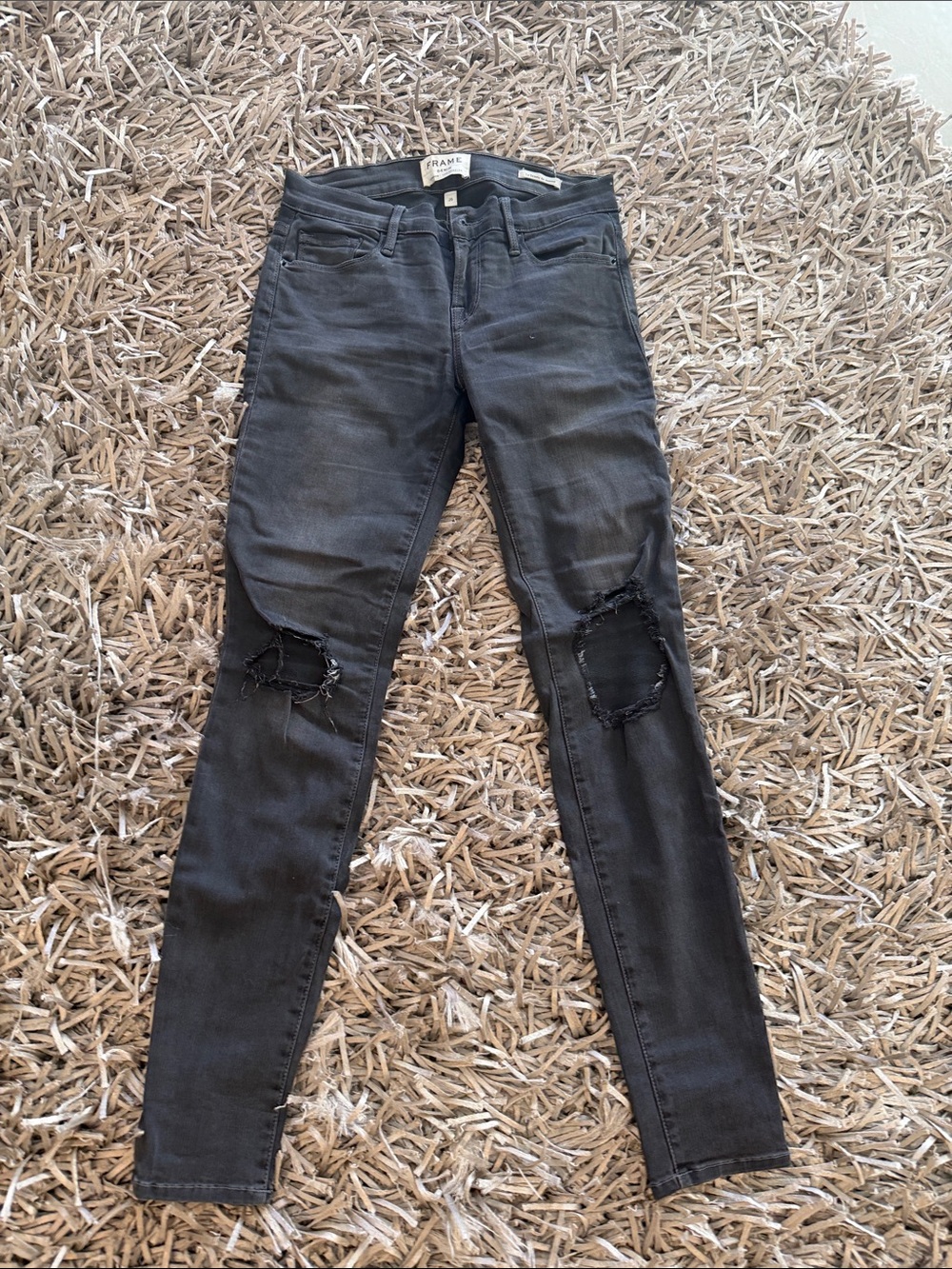 Frame Denim Black Skinny Jeans with Knee Rips